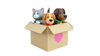 Cute Cartoon Pets in a Cardboard Box with a Heart