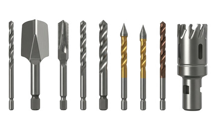 Assorted drill bits collection isolated on transparent background