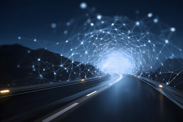 Digital network tunnel connecting two sides of a highway at night with glowing lights and a bright exit