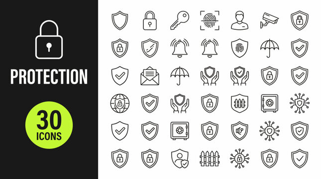 Set of 30 protection and security icons for privacy, safety, and authentication, ideal for UI design, apps, websites, and marketing materials