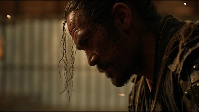 A lone samurai bows his head in a dimly lit traditional Japanese room.