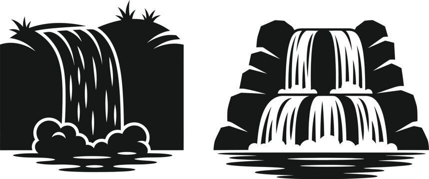 Black waterfall with lush vegetation two variations on transparent background silhouette