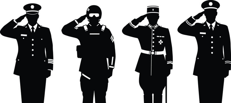 Four military personnel saluting in a row on transparent background silhouette