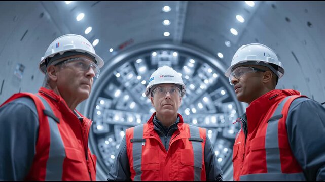 A group of engineers in safety gear working in a high-tech environment, focused on advanced equipment and collaborative efforts in a modern industrial facility.