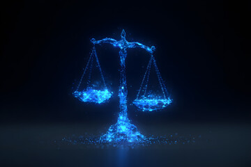 Balance scale made of blue particles shining in dark background with bright lights around at night