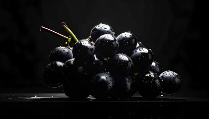A cluster of dark grapes glistening with water droplets against a black backdrop
