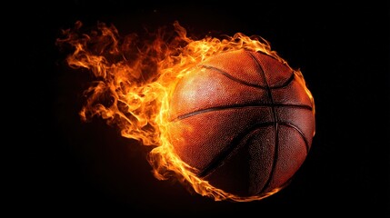 A fiery basketball in motion, with flames swirling around it, creating a dynamic and energetic visual effect.