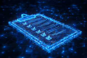 Digital checklist on a glowing surface with blue light effects showing tasks and steps in a technology themed space