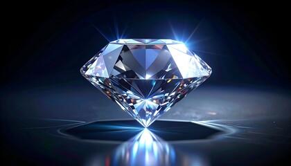 Sparkling, perfectly cut gemstone on a dark, reflective surface