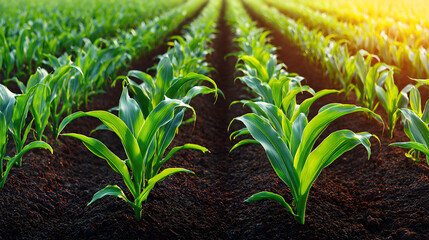 Vast green field of young corn plants growing under bright summer sun 