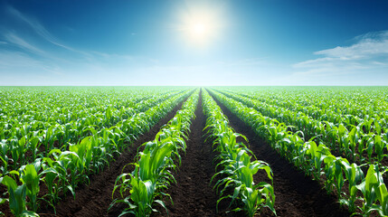 Vast green field of young corn plants growing under bright summer sun 