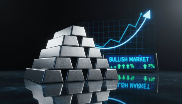 Silver bars stacked in pyramid shape with bullish market graph in background, indicating financial growth