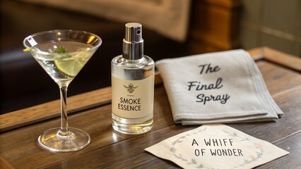 Clear glass atomizer bottle with smoke essence label next to cocktail