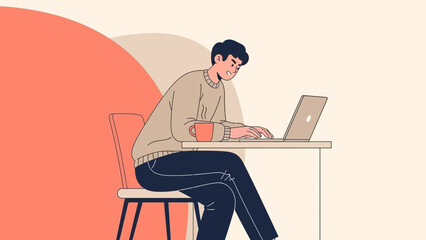 Man working on laptop at desk with coffee cup, modern flat illustration style