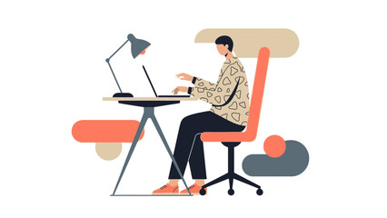 Man Working on Laptop at Desk with Lamp and Abstract Shapes