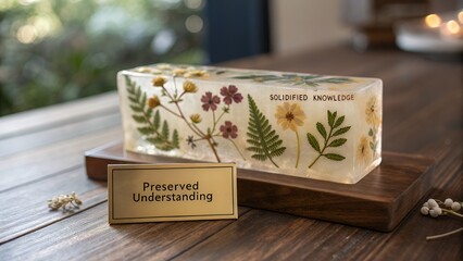 Clear resin block with embedded preserved flowers and leaves