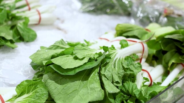 Close Up of Hand Selecting Fresh Bok Choy on Ice Display
