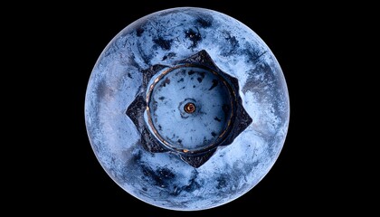 Macro overhead shot of a single, ripe, and textured round fruit against black