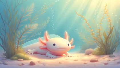 Smiling axolotl underwater with aquatic plants and sunlight