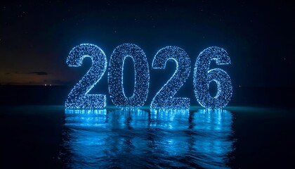 Illuminated "2026" on water against a starry night