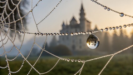 Dewdrop reflection on spiderweb in front of castle