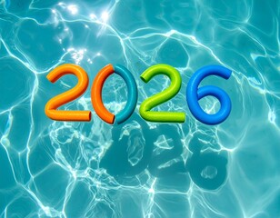 Colorful 2026 numerals float underwater with rippling sunlight