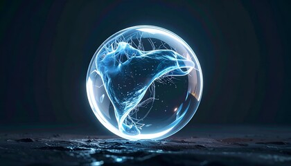 Blue, glowing energy contained within a clear, spherical bubble