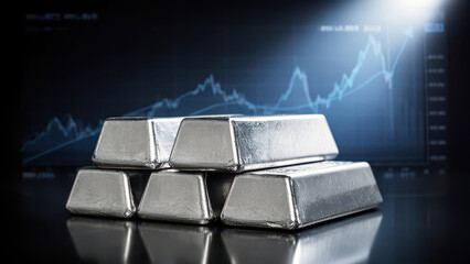 Silver bars stacked in front of financial graph, symbolizing investment and market trends. scene conveys sense of wealth and economic analysis