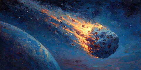 Fiery Meteoroid Passing Planet in Deep Space