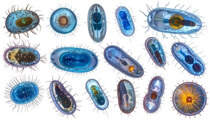 Diverse, semi-transparent microorganisms scattered on a white background