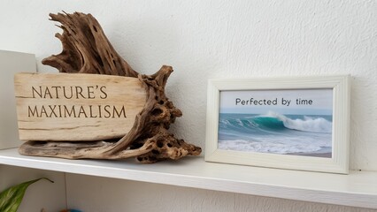 Driftwood sculpture and ocean framed print on white shelf