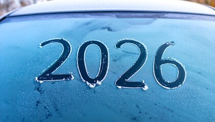 Frosted rear window reveals "2026" against a wintry backdrop