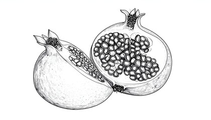 Pen and ink illustration of two pomegranates, one sliced open