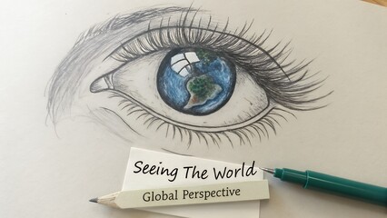 Hand drawn sketch of an eye reflecting the world