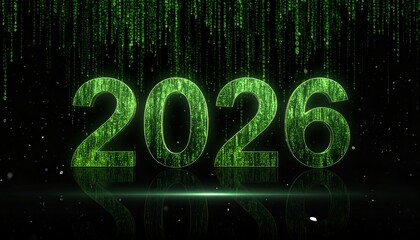 Green digits 2026 stand against a backdrop of flowing green code on black