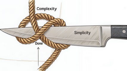 Knife cutting through complex knot signifying simplicity and solution