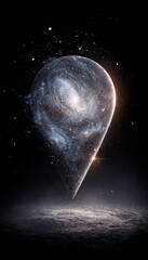Galaxy-Filled Location Marker Floating Above Ethereal Cosmic Surface