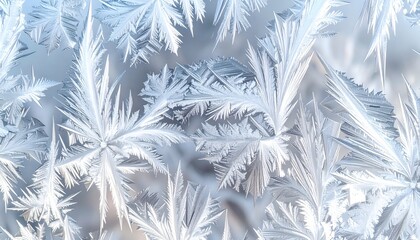 Intricate ice crystals frost a glass surface, creating a winter scene