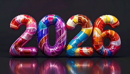 Bright, colorful balloon numbers spelling "2026" on a dark background