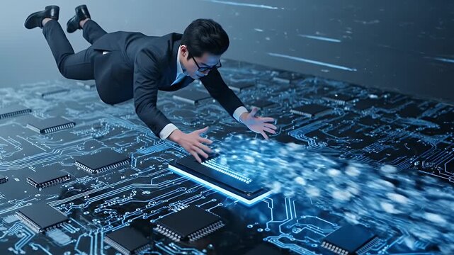 Man in Suit Floating Above Circuit Board Connecting to Glowing Chip on Blue Background