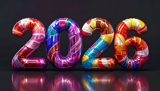 Bright, colorful balloon numbers spelling "2026" on a dark background - Powered by Adobe