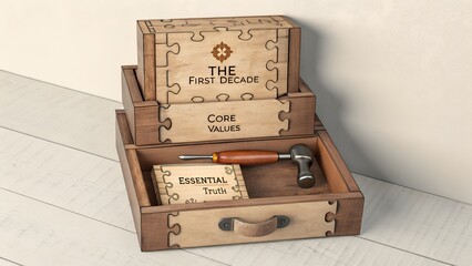 Nested wooden puzzle boxes with inscribed wisdom