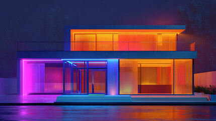 A contemporary house illuminated with vibrant colors at night. This architectural marvel features clean lines and a modern design. The use of colorful lighting creates a captivating visual spectacle.