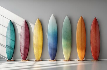 Colorful Wooden Surfboards Lined Up Against a Wall with Sunlight