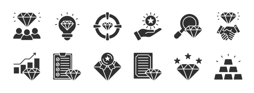 Value glyph style icon set. Diamond, quality, success, achievement, gem, ideal, and more. Vector collection eps 10