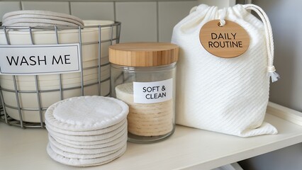 Reusable makeup remover pads stored in a glass jar on a shelf