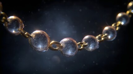 A delicate gold chain with transparent bubble filled beads glistens underwater