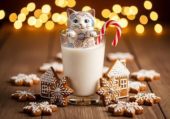 Festive christmas milk with cat figurine and gingerbread cookies on wooden table with holiday and seasonal