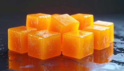 Orange-colored cubes stacked, glistening, on a reflective, dark surface