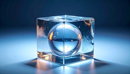 Crystal sphere perfectly encased within a transparent cube, blue tones